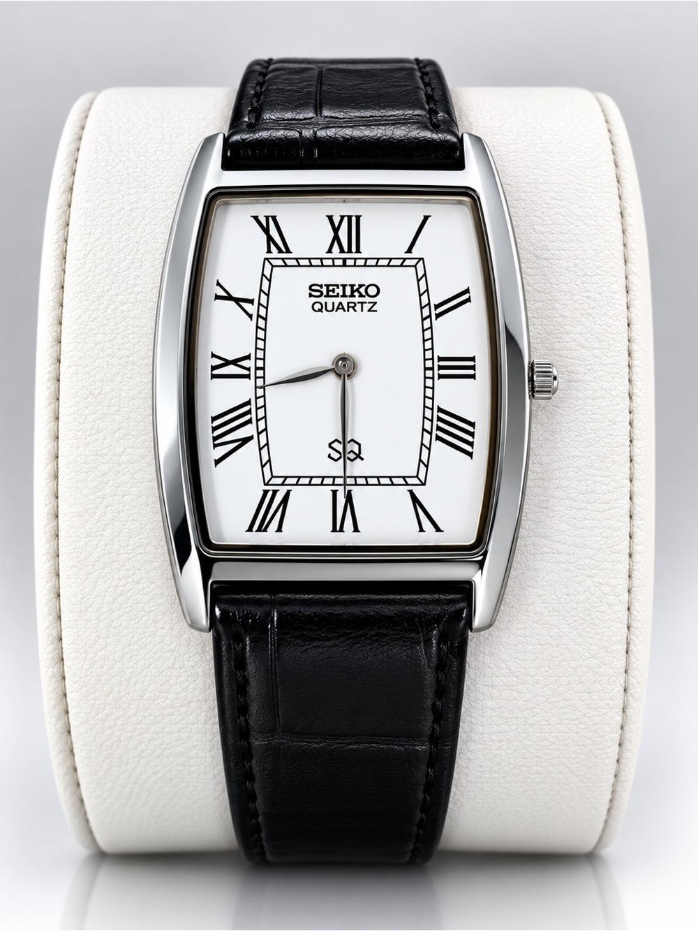 Seiko Silver Case Black Leather Strap Watch - White Dial